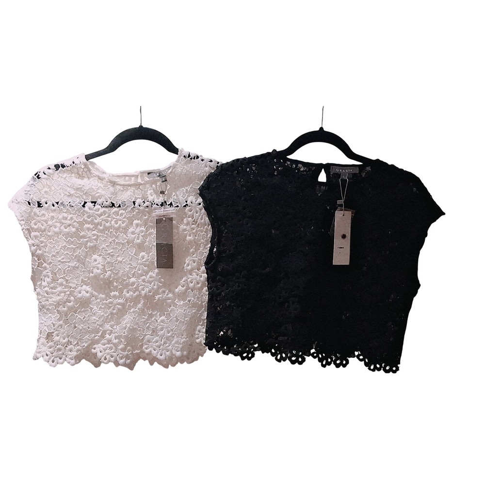 Gracia 2 pc Lace Crop Tops WomenM/L Black White Floral Cotton